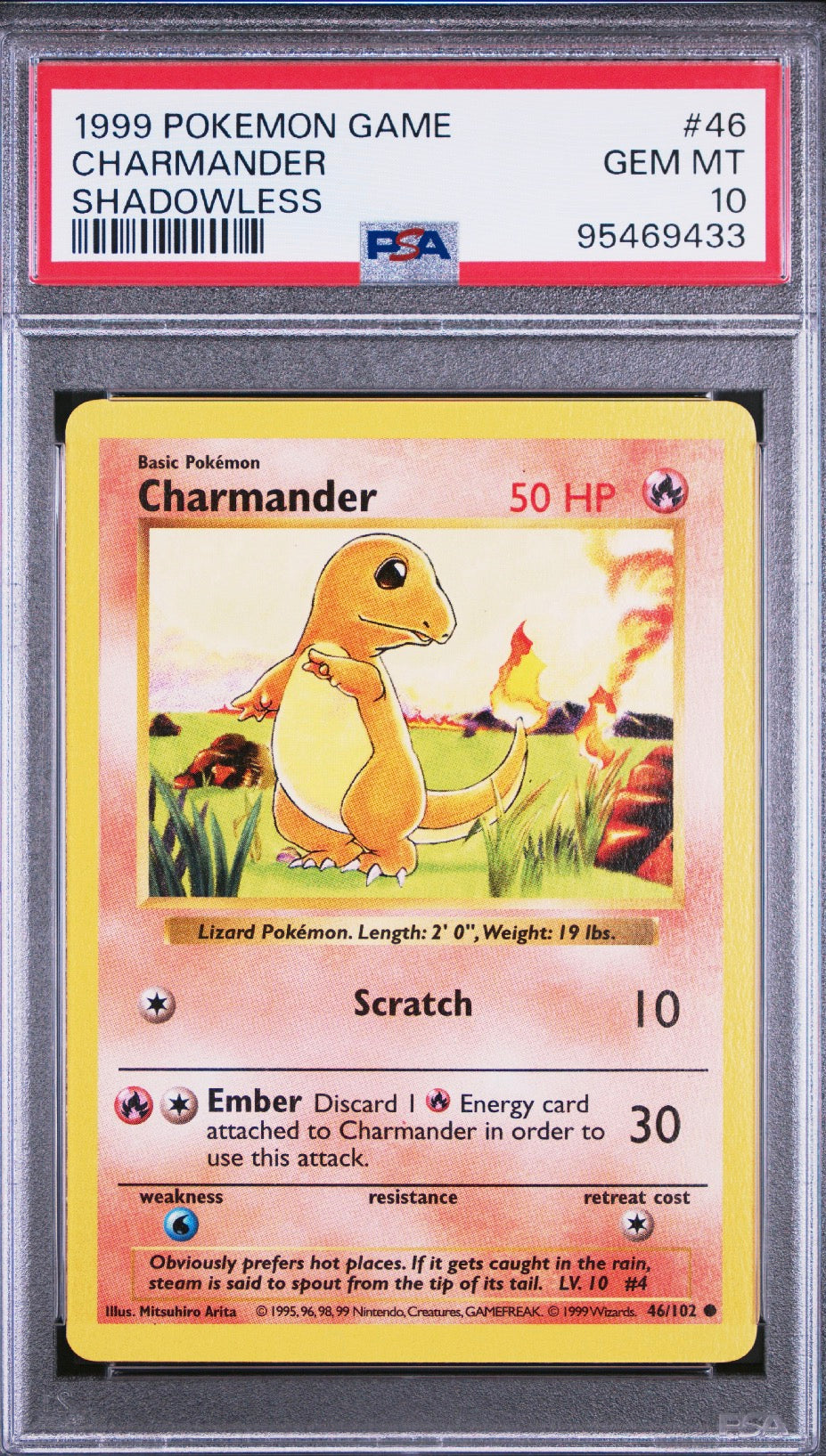 Charmander Shadowless # 46 PSA 10 Base Set Pokemon TCG 1999