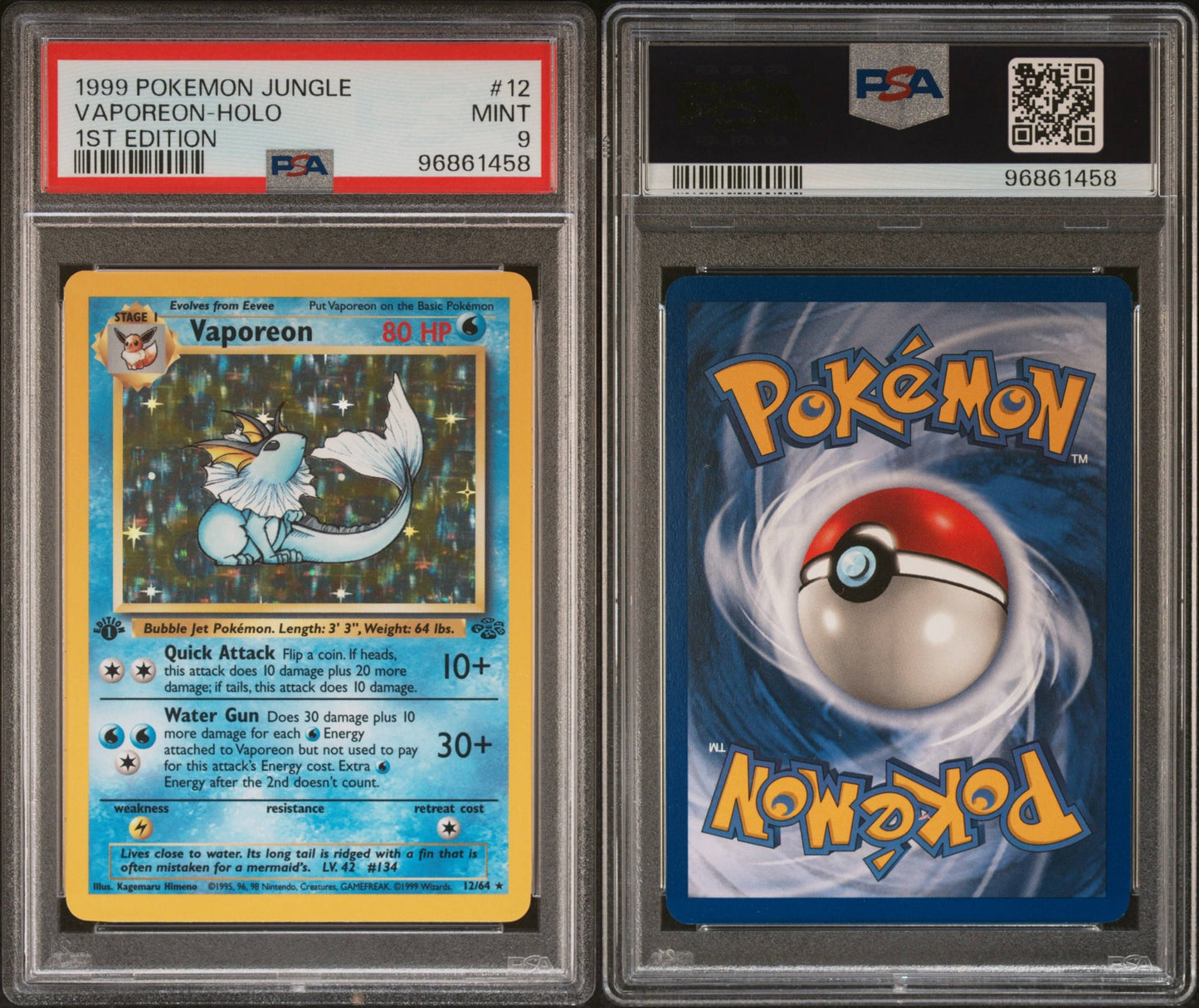 Vaporeon # 12 Holo 1st Edition PSA 9 Base Set Pokemon TCG 1999 New Cert