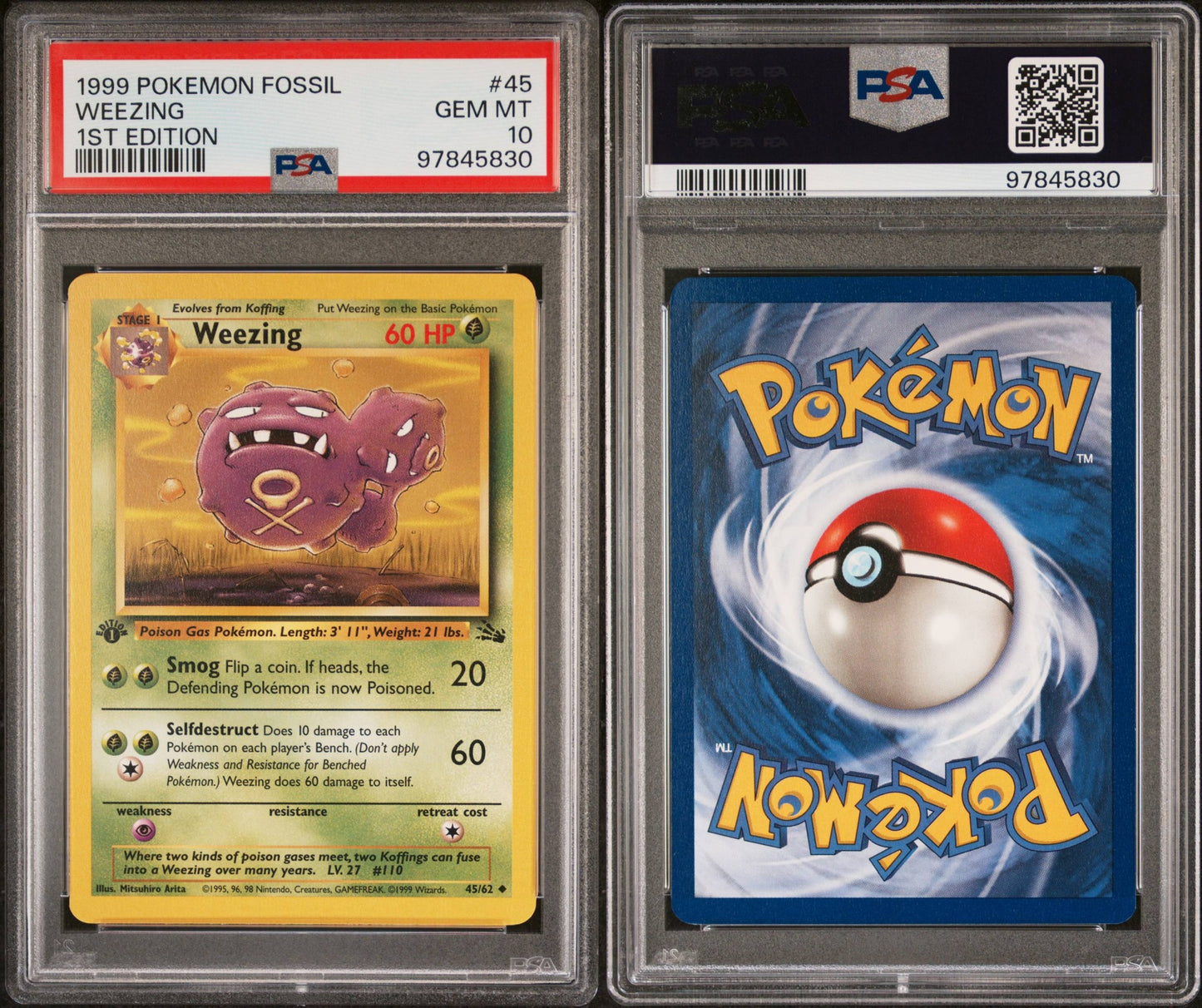 Weezing # 45 PSA 10 1st Edition 1999 Fossil Pokemon TCG