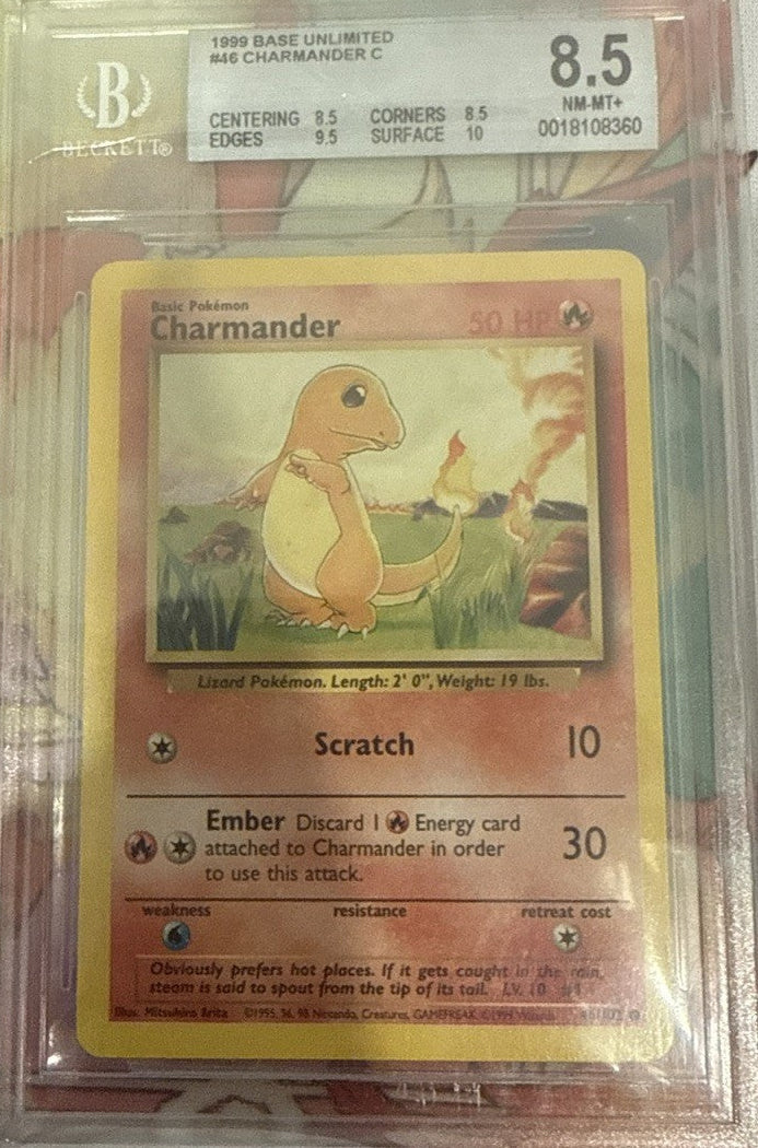 1999 Charmander 46/102 (Base Set - Unlimited) bgs 8.5 near Mint