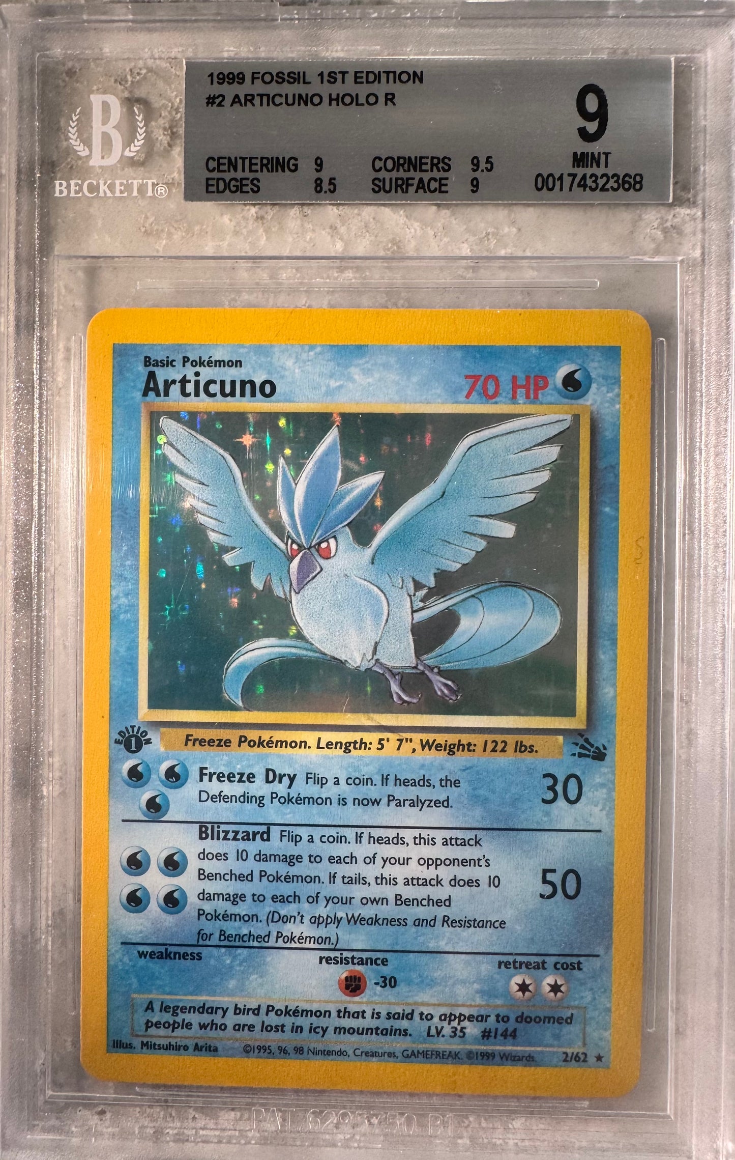 Articuno Holo #2 1st Edition BGS 9 Fossil Holo 1999 Pokemon Card TCG