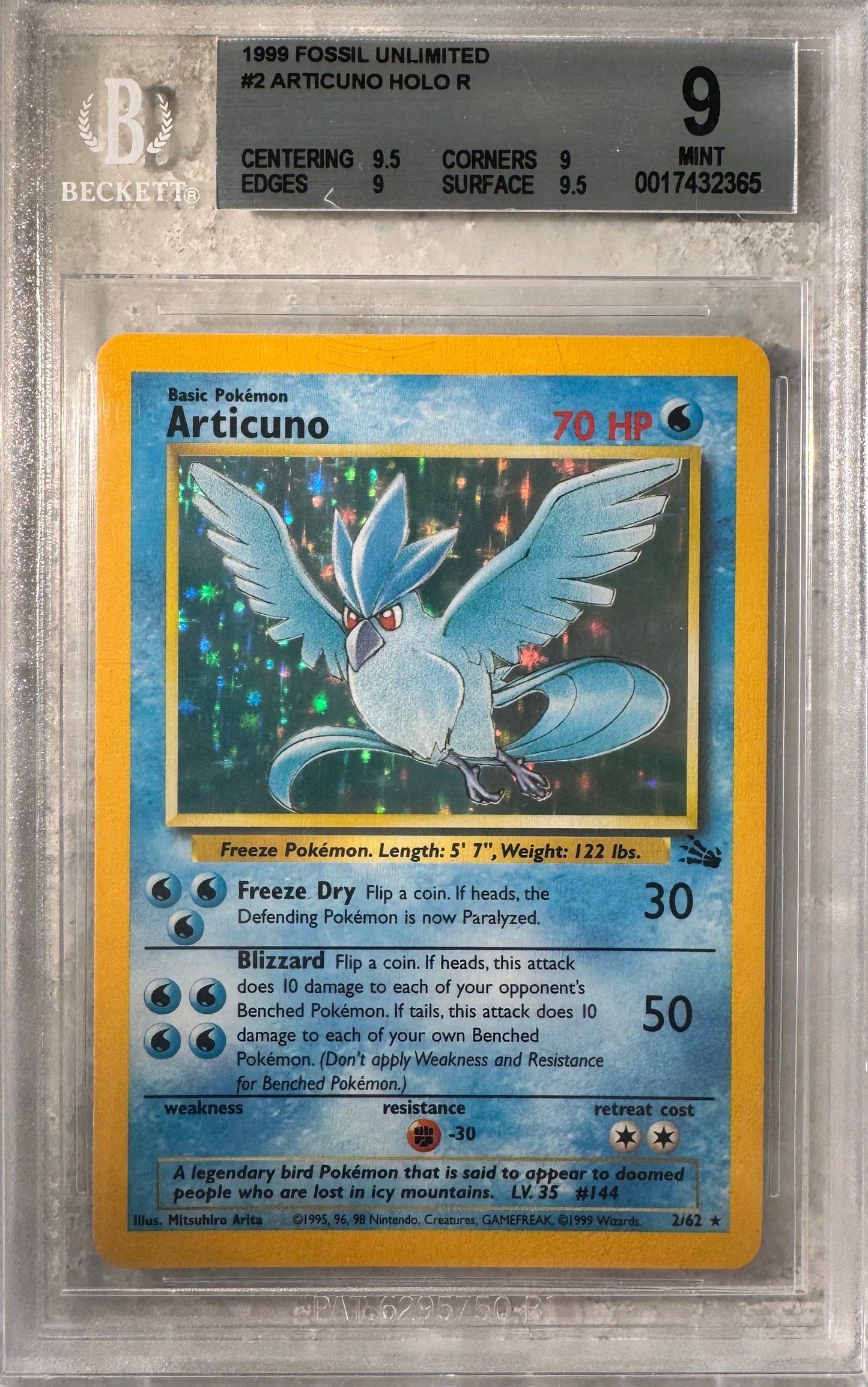 Articuno Holo #2 BGS 9 1999 Fossil Holo Mint Pokemon Card TCG