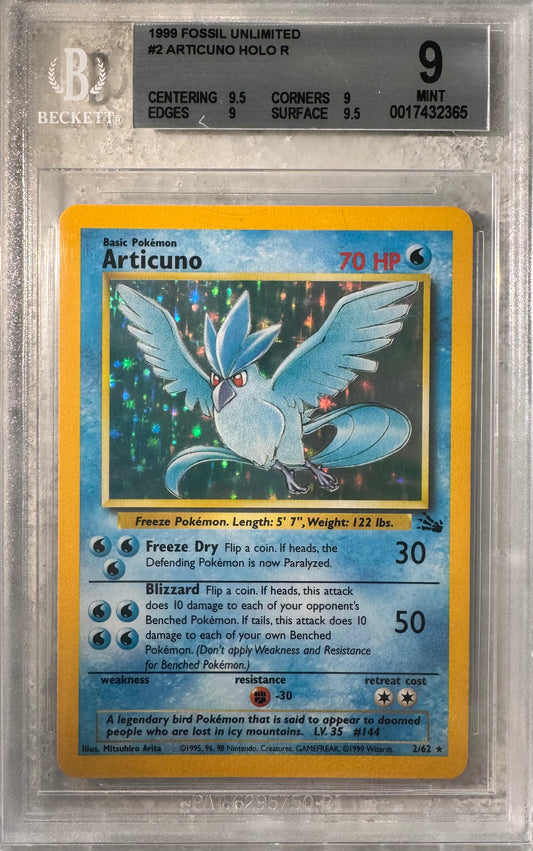 Articuno Holo #2 BGS 9 1999 Fossil Holo Mint Pokemon Card TCG