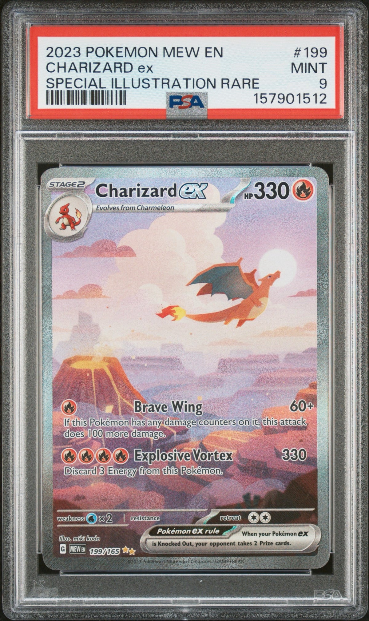 A graded Pokémon EX card, Charizard ex, from the 2023 Mew En expansion set. The card is a Special Illustration Rare (SIR) mint condition, graded PSA 9, and encapsulated in a clear protective slab.