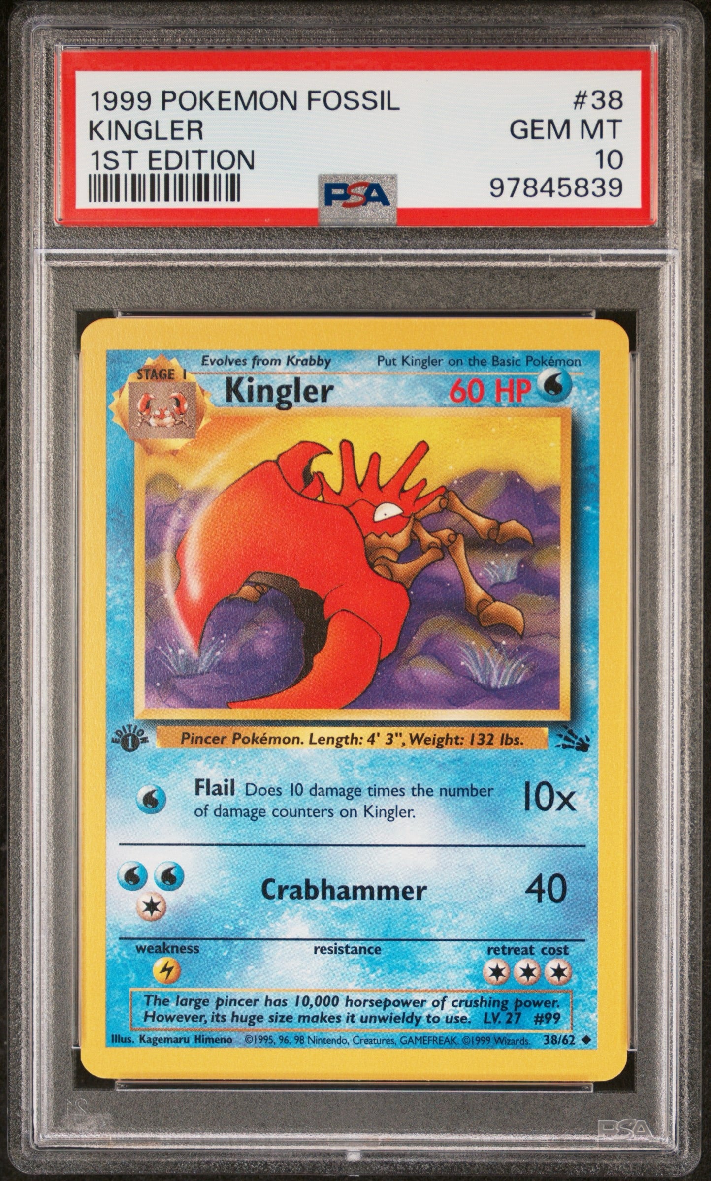 Kingler # 38 PSA 10 Fossil 1999 Pokemon TCG