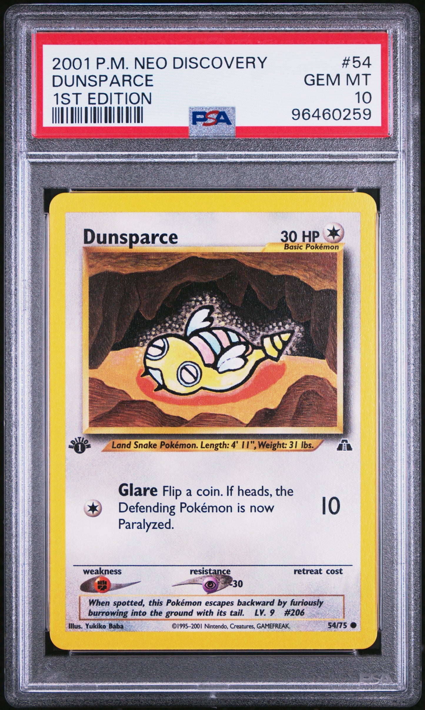 Dunsparce # 54 1st Edition PSA 10 2001 Neo Discovery Pokemon TCG New Cert Pop 72