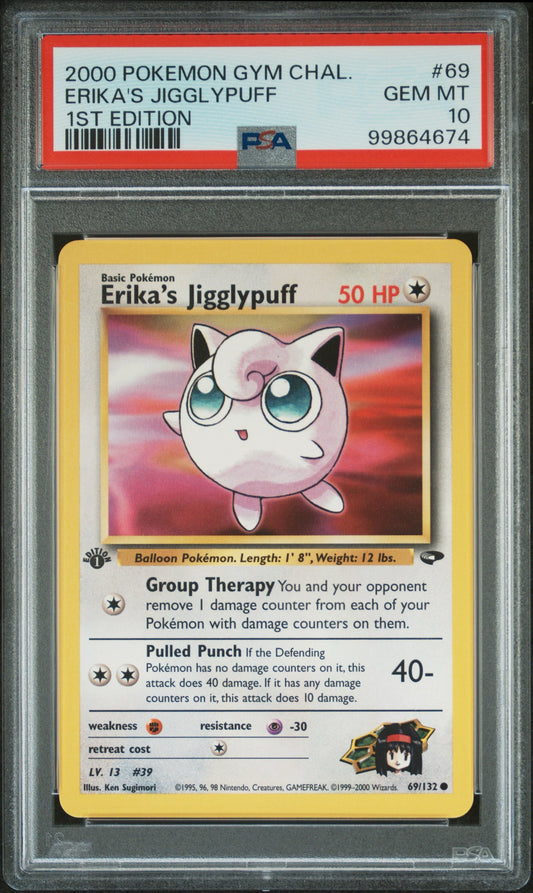 Erika’s Jigglypuff # 69 1st Edition PSA 10 2000 Gym Challenge Pokemon TCG vintage New cert pop 206