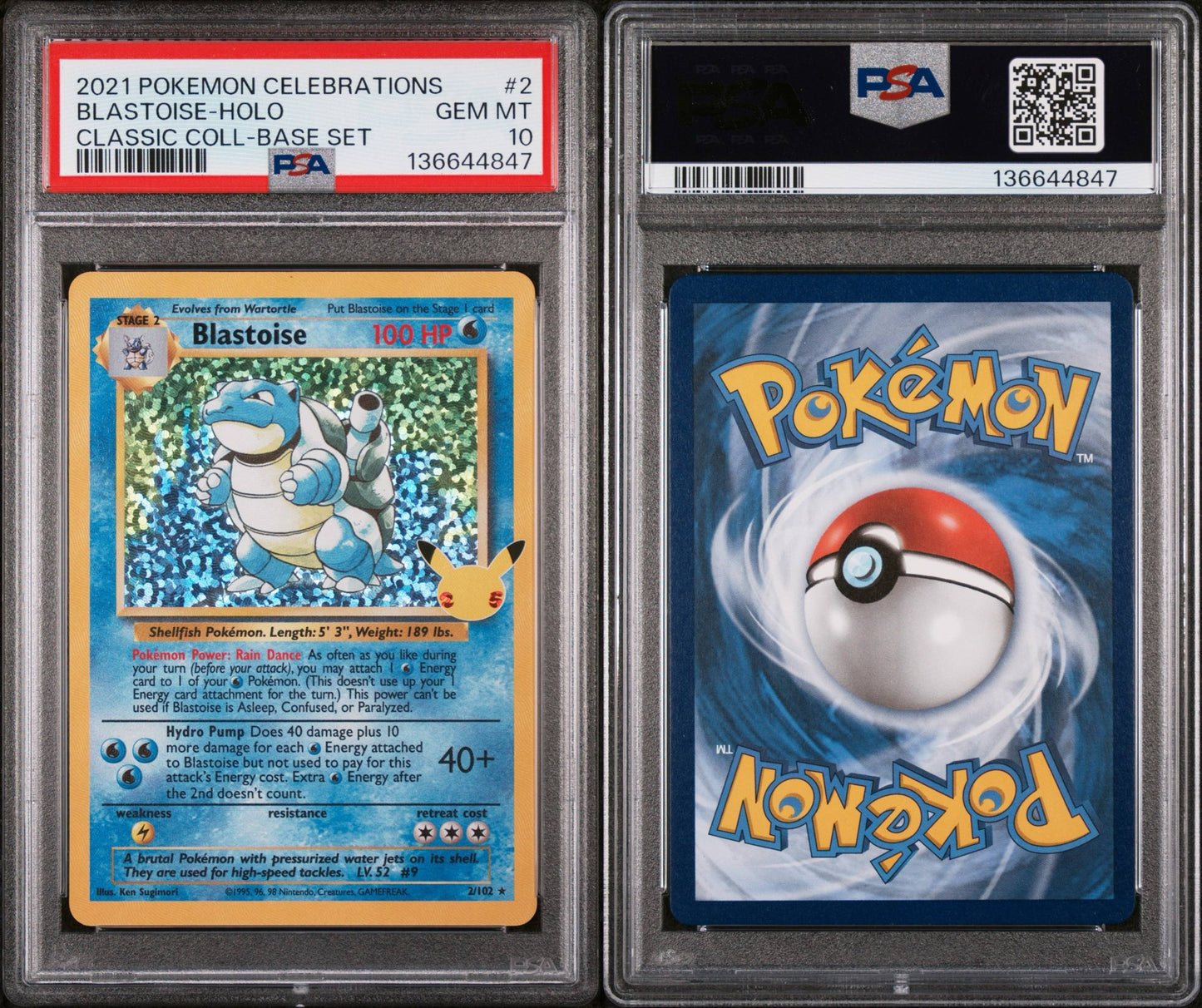 Blastoise 2/102 PSA 10 Gem Mint Celebrations Classic Collection 2021 Pokémon TCG
