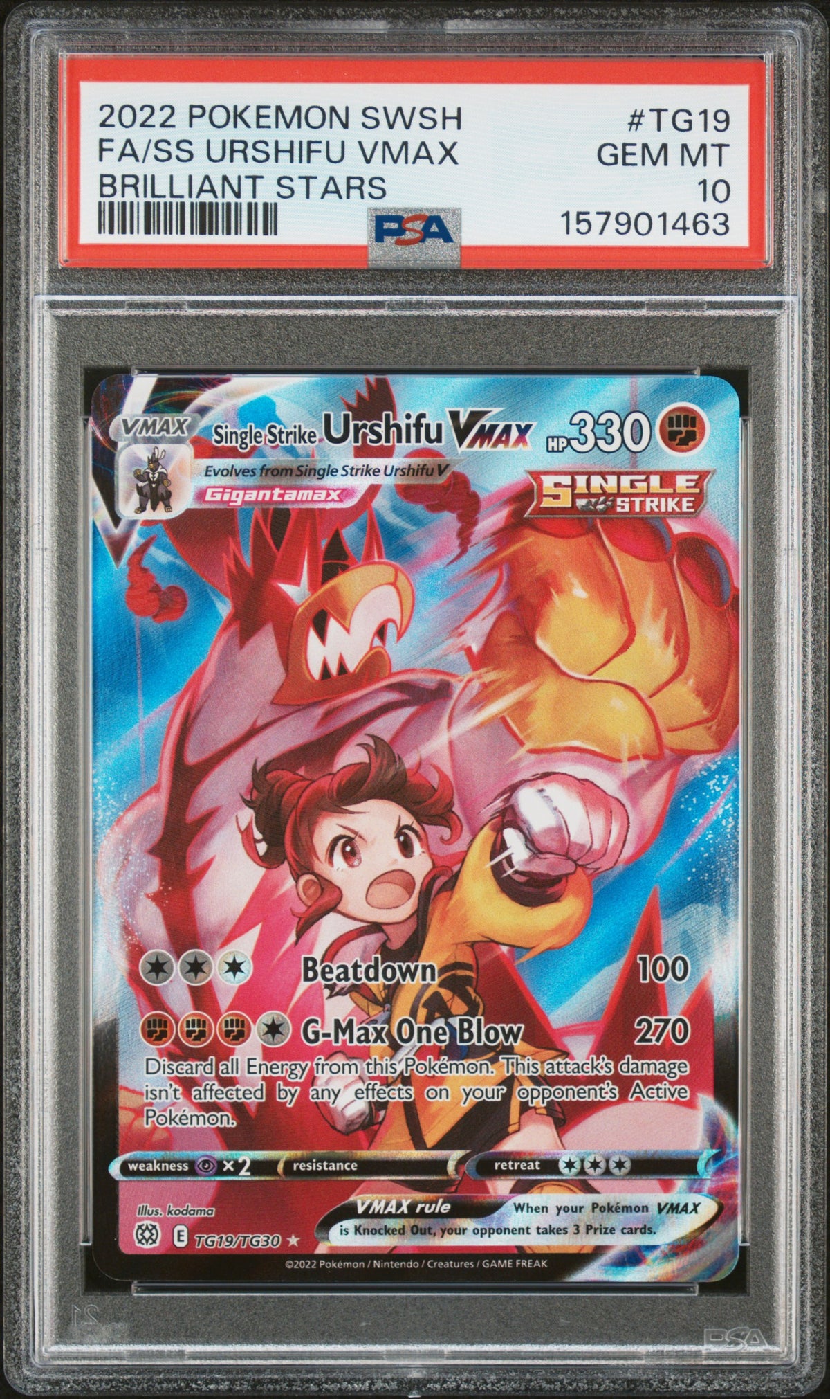 2022 POKEMON SWORD & SHIELD BRILLIANT STARS #TG19 FA/SS URSHIFU VMAX - PSA GEM MT 10