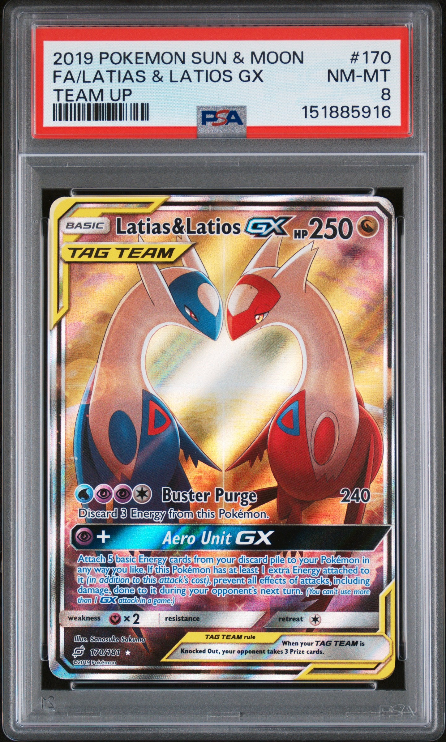 2019 POKEMON SUN & MOON TEAM UP #170 FA/LATIAS & LATIOS GX - PSA NM-MT 8