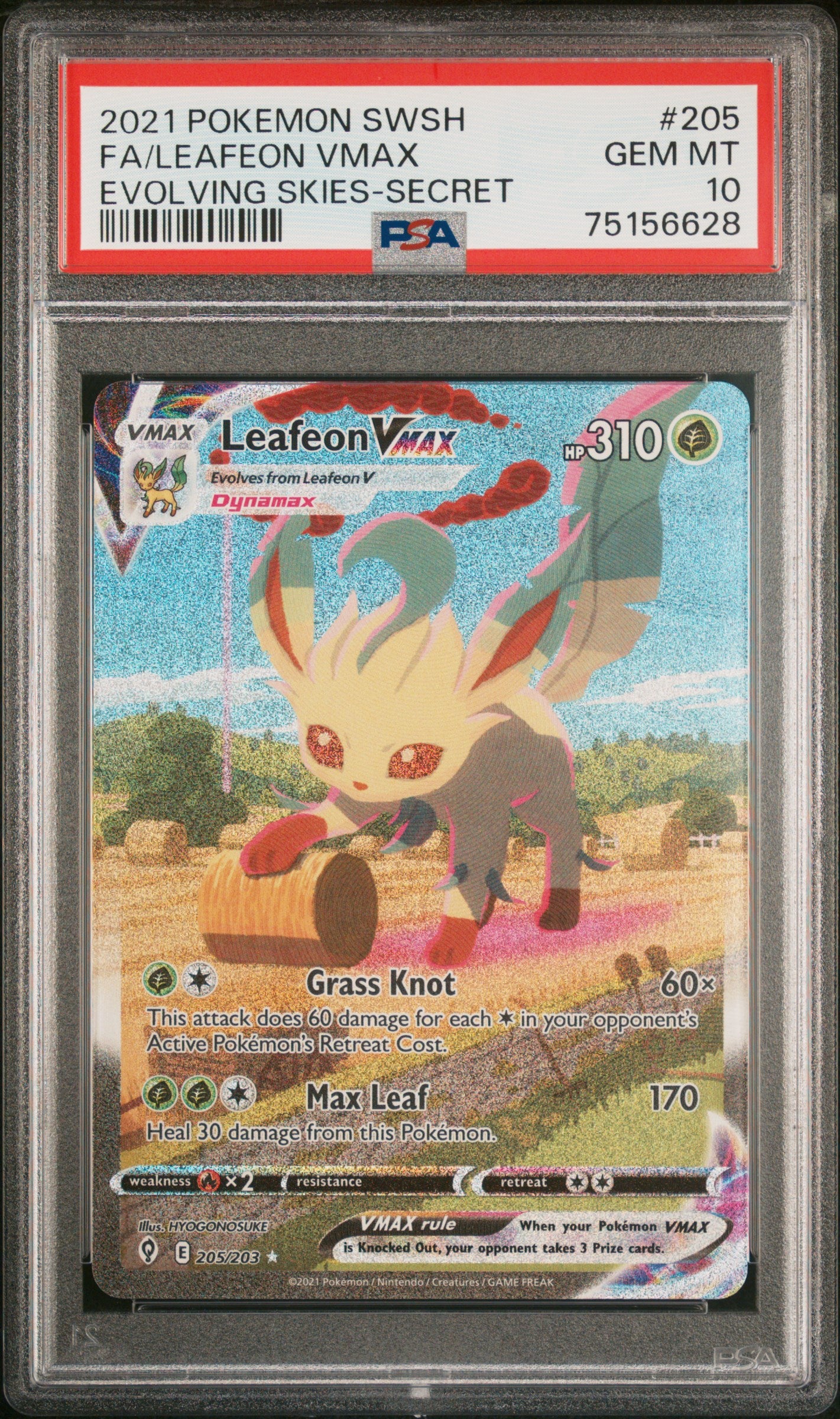 2021 POKEMON SWORD & SHIELD EVOLVING SKIES #205 FA/LEAFEON VMAX - PSA GEM MT 10