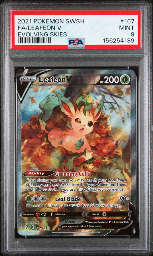 2021 POKEMON SWORD & SHIELD EVOLVING SKIES #167 FA/LEAFEON V - PSA MINT 9