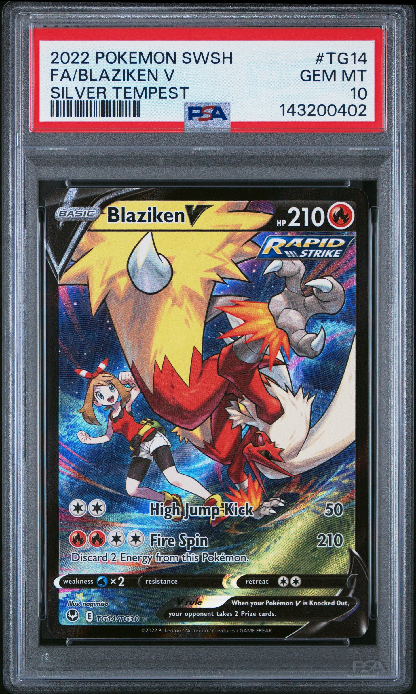 2022 POKEMON SWORD & SHIELD SILVER TEMPEST #TG14 FA/BLAZIKEN V - PSA GEM MT 10