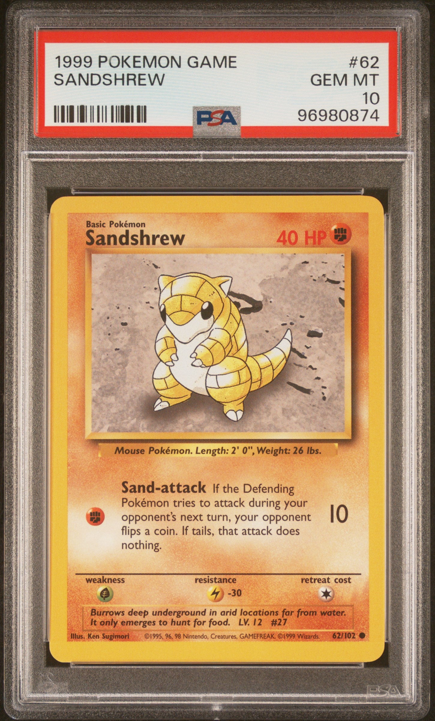 1999 POKEMON GAME #62 SANDSHREW - PSA GEM MT 10