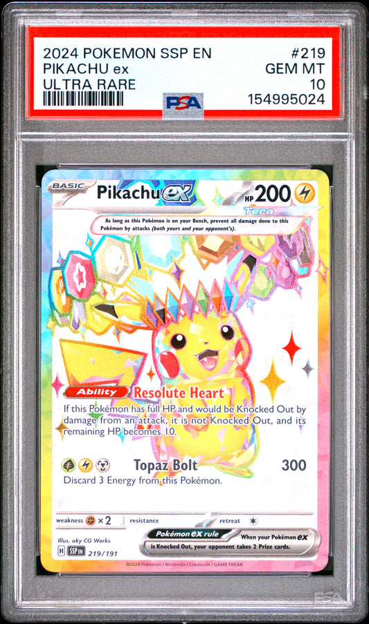 2024 POKEMON SSP EN-SURGING SPARKS #219 PIKACHU ex - PSA GEM MT 10